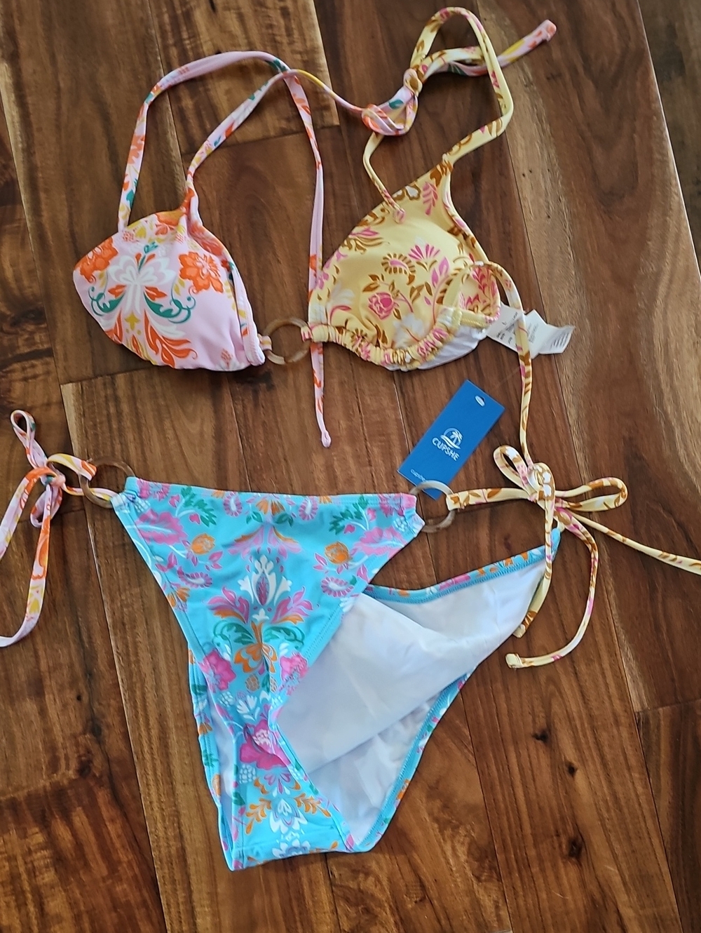 Cupshe Floral Mix Tie-String Bikini in Yellow, Pink & Blue